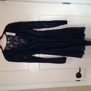 Women's Long Sleeve High Waist Short V Neck Black & Blue Lace Dress NWT Large